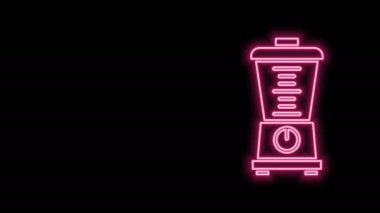 Parlayan neon hattı blender simgesi siyah arkaplanda izole edildi. Mutfak elektrikli kırıcı ve kase. Meyve suyu, kokteyl ya da meyve suyu. 4K Video hareketli grafik canlandırması