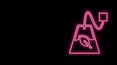 Parlayan neon hattı çay poşeti simgesi siyah arkaplanda izole edildi. 4K Video hareketli grafik canlandırması