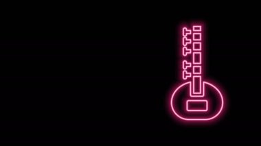 Parlayan neon hattı Sitar klasik müzik aleti simgesi siyah arkaplanda izole edildi. 4K Video hareketli grafik canlandırması