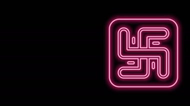 Parlayan neon hattı Hindu gamalı haç sembolü siyah arka planda izole edilmiş. 4K Video hareketli grafik canlandırması