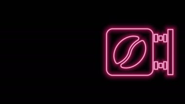 Siyah arka planda parlayan neon çizgili sokak tabelası kahve ikonu. 4K Video hareketli grafik canlandırması