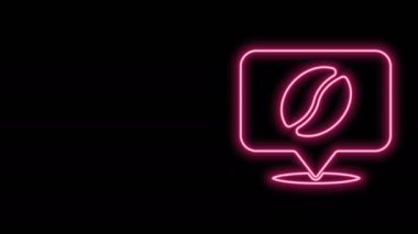 Siyah arkaplanda kahve çekirdeği ikonu olan parlak neon hattı konumu. 4K Video hareketli grafik canlandırması