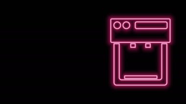 Parlayan neon hattı kahve makinesi simgesi siyah arka planda izole edildi. 4K Video hareketli grafik canlandırması
