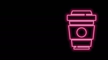 Siyah arka planda izole edilmiş parlak neon hattı kahve fincanı. 4K Video hareketli grafik canlandırması