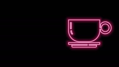 Parlayan neon hattı kahve fincanı simgesi siyah arka planda izole edilmiş. Çay fincanı. Sıcak içecek kahvesi. 4K Video hareketli grafik canlandırması