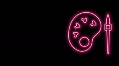 Siyah arkaplanda izole edilmiş palet simgesiyle parlayan neon çizgi boya fırçası. 4K Video hareketli grafik canlandırması