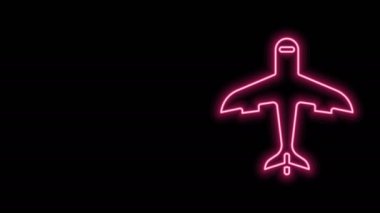 Parlayan neon çizgisi düzlem simgesi siyah arkaplanda izole edildi. Uçan uçak ikonu. Uçak tabelası. 4K Video hareketli grafik canlandırması