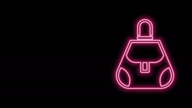 Parlayan neon çizgisi simgesi siyah arkaplanda izole edildi. Kadın el çantası işareti. Glamour günlük bagaj sembolü. 4K Video hareketli grafik canlandırması