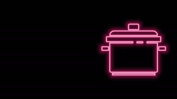 Linea neon incandescente Icona pentola isolata su sfondo nero. Bollire o stufato cibo simbolo. Animazione grafica 4K Video motion — Video Stock