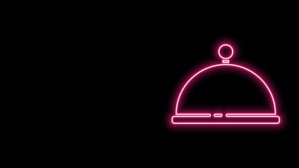 Gloeiende neon lijn Bedekt met een dienblad van voedsel pictogram geïsoleerd op zwarte achtergrond. Dienblad en deksel. Restaurant cloche met deksel. Keukengerei symbool. 4K Video motion grafische animatie — Stockvideo