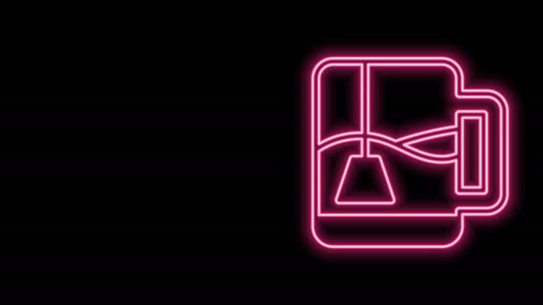 Glödande neon linje Cup te med te väska ikon isolerad på svart bakgrund. 4K Video motion grafisk animation — Stockvideo