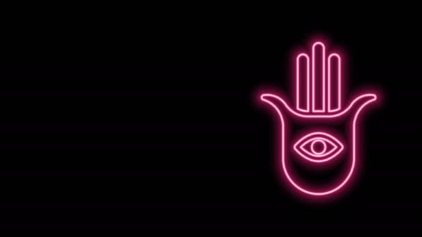 Gloeiende neon lijn Hamsa hand pictogram geïsoleerd op zwarte achtergrond. Hand van Fatima - amulet, symbool van bescherming tegen duivelse oog. 4K Video motion grafische animatie — Stockvideo