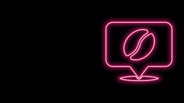Świecąca neon linia Lokalizacja z ikoną ziarna kawy izolowane na czarnym tle. 4K Animacja graficzna ruchu wideo — Wideo stockowe