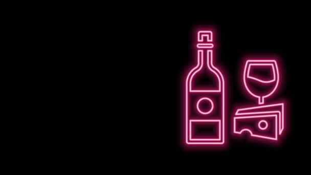 Brillante línea de neón Botella de vino con icono de vidrio y queso aislado sobre fondo negro. Cena romántica. Animación gráfica de vídeo 4K — Vídeos de Stock