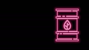 Parlayan neon hattı biyo yakıt varili ikonu siyah arka planda izole edildi. Çevre biyolojisi ve tüp. Yeşil çevre ve geri dönüşüm. 4K Video hareketli grafik canlandırması