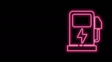 Parlayan neon hattı elektrik araba şarj istasyonu simgesi siyah arkaplanda izole edildi. Eko elektrik yakıt pompası tabelası. 4K Video hareketli grafik canlandırması