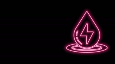 Parlayan neon hattı kara zemin üzerinde izole edilmiş su enerjisi ikonu. Su damlacıklarıyla ekoloji kavramı. Alternatif enerji kavramı. 4K Video hareketli grafik canlandırması