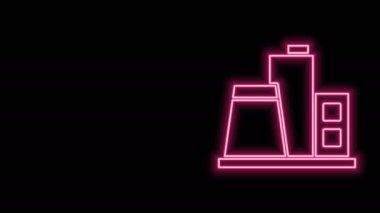 Parlayan neon hattı Fabrika simgesi siyah arkaplanda izole edildi. Endüstriyel bina. 4K Video hareketli grafik canlandırması
