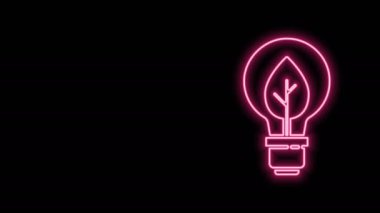 Siyah zemin üzerinde yaprak simgesi olan parlak neon çizgisi ampul. Çevre enerjisi kavramı. Alternatif enerji kavramı. 4K Video hareketli grafik canlandırması