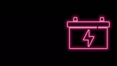 Parlak neon çizgili araba aküsü simgesi siyah arkaplanda izole edildi. Akümülatör bataryası enerji ve elektrik akümülatörü bataryası. 4K Video hareketli grafik canlandırması