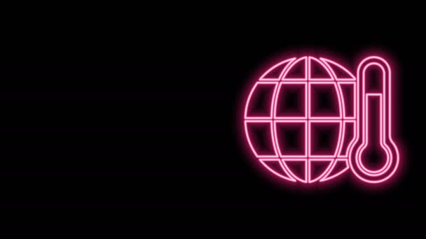 Linea al neon incandescente Pianeta terra che si scioglie a icona del riscaldamento globale isolato su sfondo nero. Problemi e soluzioni ecologiche - termometro. Animazione grafica 4K Video motion — Video Stock