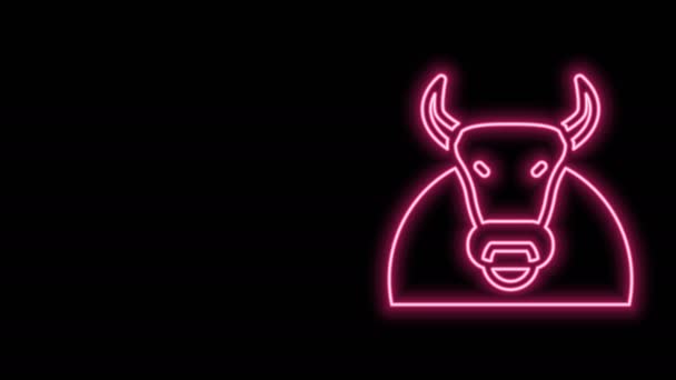 Icono de Toro de línea de neón brillante aislado sobre fondo negro. Toro de combate español. Animación gráfica de vídeo 4K — Vídeo de stock