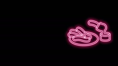 Parlayan neon hattı Churros ve çikolata ikonu siyah arka planda izole edilmiş. Geleneksel İspanya tatlısı, Avrupa sokak yemekleri. 4K Video hareketli grafik canlandırması