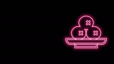 Parlayan neon hattı siyah arkaplanda izole edilmiş plaka simgesindeki zeytinler. 4K Video hareketli grafik canlandırması
