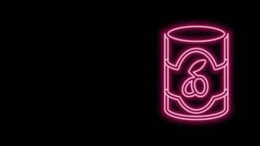 Parlayan neon hattı, siyah arkaplanda izole edilmiş zeytin kutusu simgesi. Konserve yiyecek kavramı. 4K Video hareketli grafik canlandırması