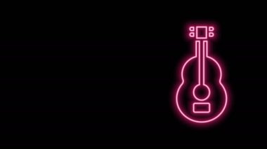 Parlayan neon hattı İspanyol gitar ikonu siyah arkaplanda izole edildi. Akustik gitar. Telli müzik aleti. 4K Video hareketli grafik canlandırması