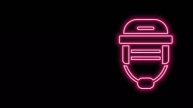 Parlayan neon çizgisi Hokey miğferi simgesi siyah arkaplanda izole edildi. 4K Video hareketli grafik canlandırması