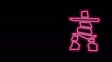 Parlayan neon hattı Inukshuk simgesi siyah arkaplanda izole edildi. 4K Video hareketli grafik canlandırması