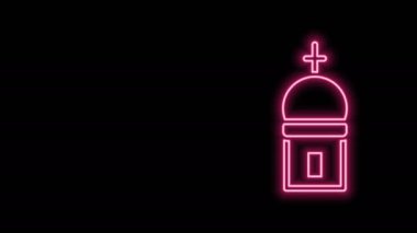 Parlayan neon hattı Hıristiyan kilise kulesi simgesi siyah arka planda izole edildi. Kilisenin dini. 4K Video hareketli grafik canlandırması