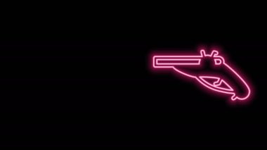 Siyah zemin üzerinde parlayan neon çizgisi Vintage tabanca simgesi izole edildi. Eski bir silah. 4K Video hareketli grafik canlandırması