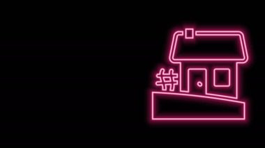 Parlayan neon hattı Eski Ukrayna ev kulübesi simgesi siyah arka planda izole edildi. Geleneksel köy evi. 4K Video hareketli grafik canlandırması