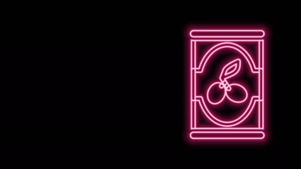 Linha de néon brilhante Azeitonas em lata ícone isolado no fundo preto. Conceito de comida enlatada. Animação gráfica em movimento de vídeo 4K — Vídeo de Stock