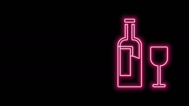 Świecąca neonowa butelka wina ze szklaną ikoną wyizolowaną na czarnym tle. 4K Animacja graficzna ruchu wideo — Wideo stockowe