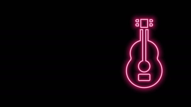 Świecące neon linii hiszpański gitara ikona izolowana na czarnym tle. Gitara akustyczna. Strunowy instrument muzyczny. 4K Animacja graficzna ruchu wideo — Wideo stockowe