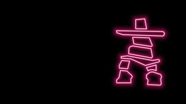 Linha de néon brilhante Ícone de Inukshuk isolado no fundo preto. Animação gráfica em movimento de vídeo 4K — Vídeo de Stock