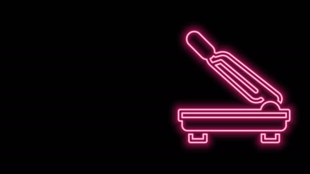 Ragyogó neon vonal Papírvágó ikon elszigetelt fekete háttérrel. 4K Videó mozgás grafikus animáció — Stock videók