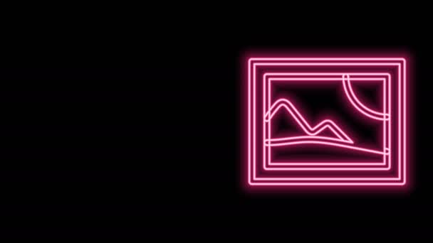 Zářící neonová čára Obrázek krajiny ikona izolované na černém pozadí. Grafická animace pohybu videa 4K — Stock video