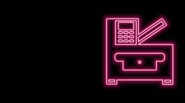 Parlayan neon hattı Ofis çoklu işlevli yazıcı kopyalama makinesi simgesi siyah arkaplanda izole edildi. 4K Video hareketli grafik canlandırması