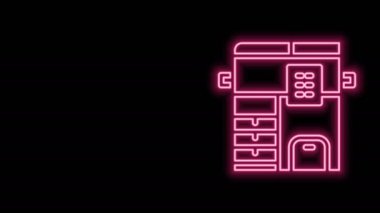 Parlayan neon hattı Ofis çoklu işlevli yazıcı kopyalama makinesi simgesi siyah arkaplanda izole edildi. 4K Video hareketli grafik canlandırması