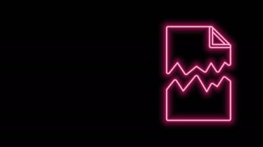 Parlayan neon hattı Yırtık belge simgesi siyah arkaplanda izole edildi. 4K Video hareketli grafik canlandırması