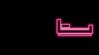 Parlayan neon çizgisi yatak simgesi siyah arkaplanda izole edildi. 4K Video hareketli grafik canlandırması
