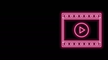 Parlayan neon hattı çevrimiçi video simgesi siyah arkaplanda izole edildi. Oyun işaretli film şeridi. 4K Video hareketli grafik canlandırması