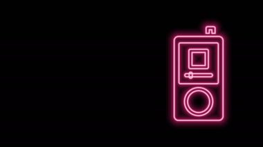Parlayan neon hattı müzik çalar simgesi siyah arkaplanda izole edildi. Taşınabilir müzik cihazı. 4K Video hareketli grafik canlandırması