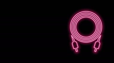 Parlayan neon hattı ses kriko simgesi siyah arkaplanda izole edildi. Bağlantı ses ekipmanları için ses kablosu. Fiş kablosu. Müzik aleti. 4K Video hareketli grafik canlandırması