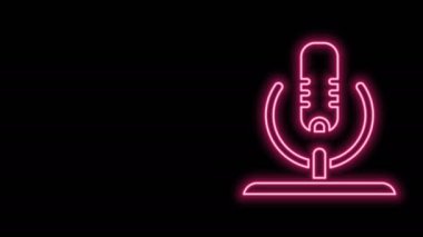 Parlayan neon hattı mikrofon simgesi siyah arkaplanda izole edildi. Radyodaki mikrofondan. Sözcü işareti. 4K Video hareketli grafik canlandırması