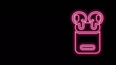Parlayan neon hattı hava kulaklıkları siyah arka planda izole edilmiş bir kutu simgesinde. Kulaklıklar için kablosuz cihaz. Elektronik cihazlar. 4K Video hareketli grafik canlandırması